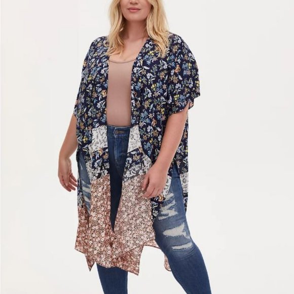 TORRID MIXED FLORAL PRINT GAUZE LONGLINE KIMONO - Picture 1 of 4
